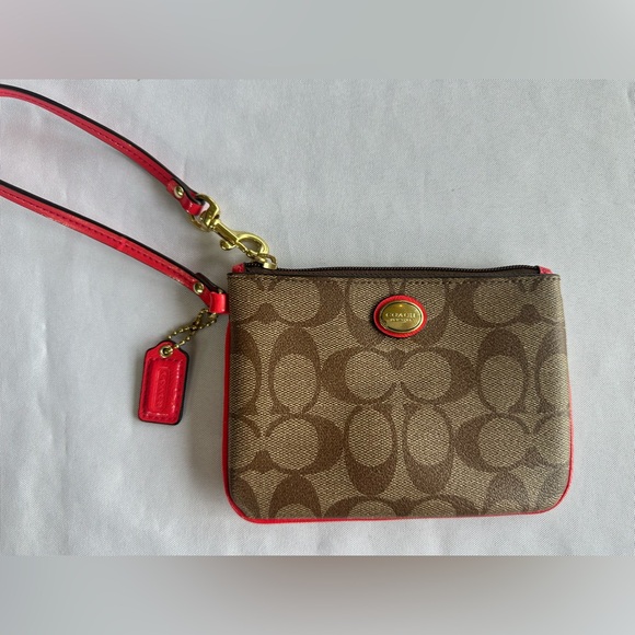 Coach Signature Brown and Orange Red Leather Wristlet Hang Tag - Picture 1 of 9